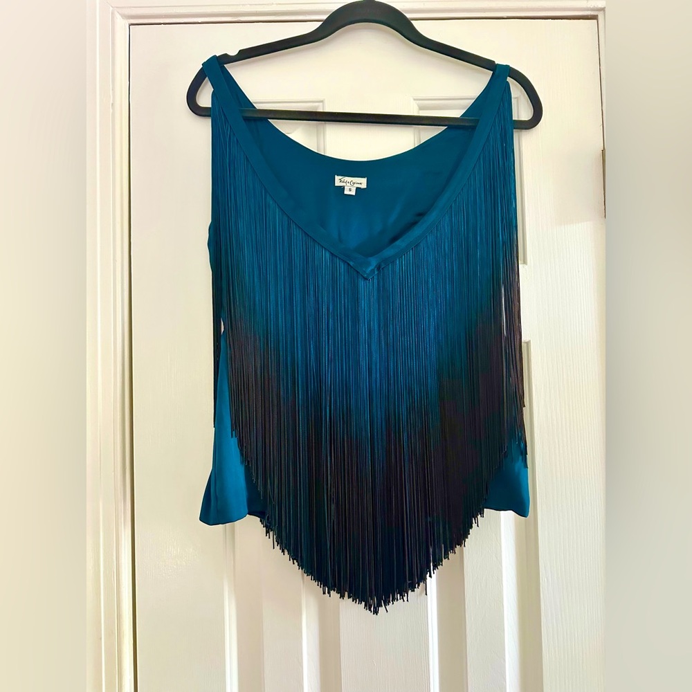 Amazing rare 100% silk Foley Corinna fringe top size small . Very rare!